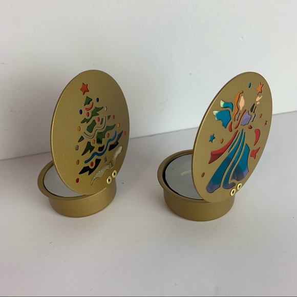 Käthe Wohlfahrt Stained Glass Metal Tea Light Lidded Candle Holders Angel & Tree - Picture 7 of 8